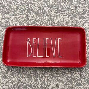 Rae Dunn Artisan Collection by Magenta Red Ceramic Tray with 'BELIEVE' Text